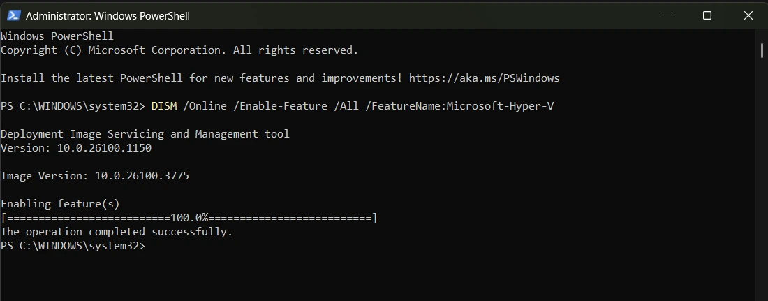 CMDを通じてHyper-V機能を開く説明画像
