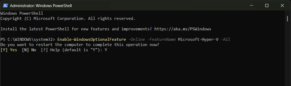 PowerShellを通じてHyper-V機能を開く説明画像